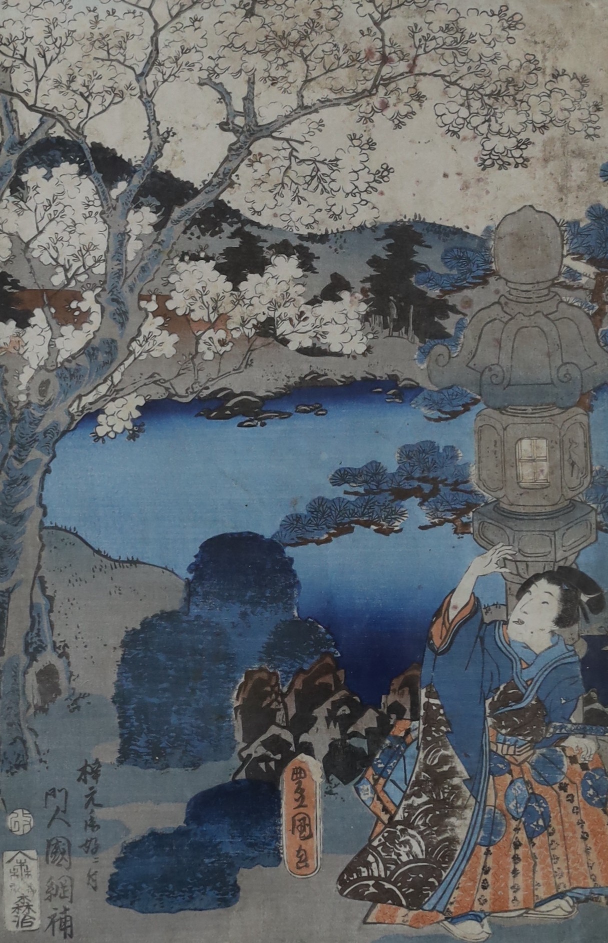 Kunisada, Japanese, pair of woodblock prints, Figures on the street and Prunus blossom, 33 x 22cm